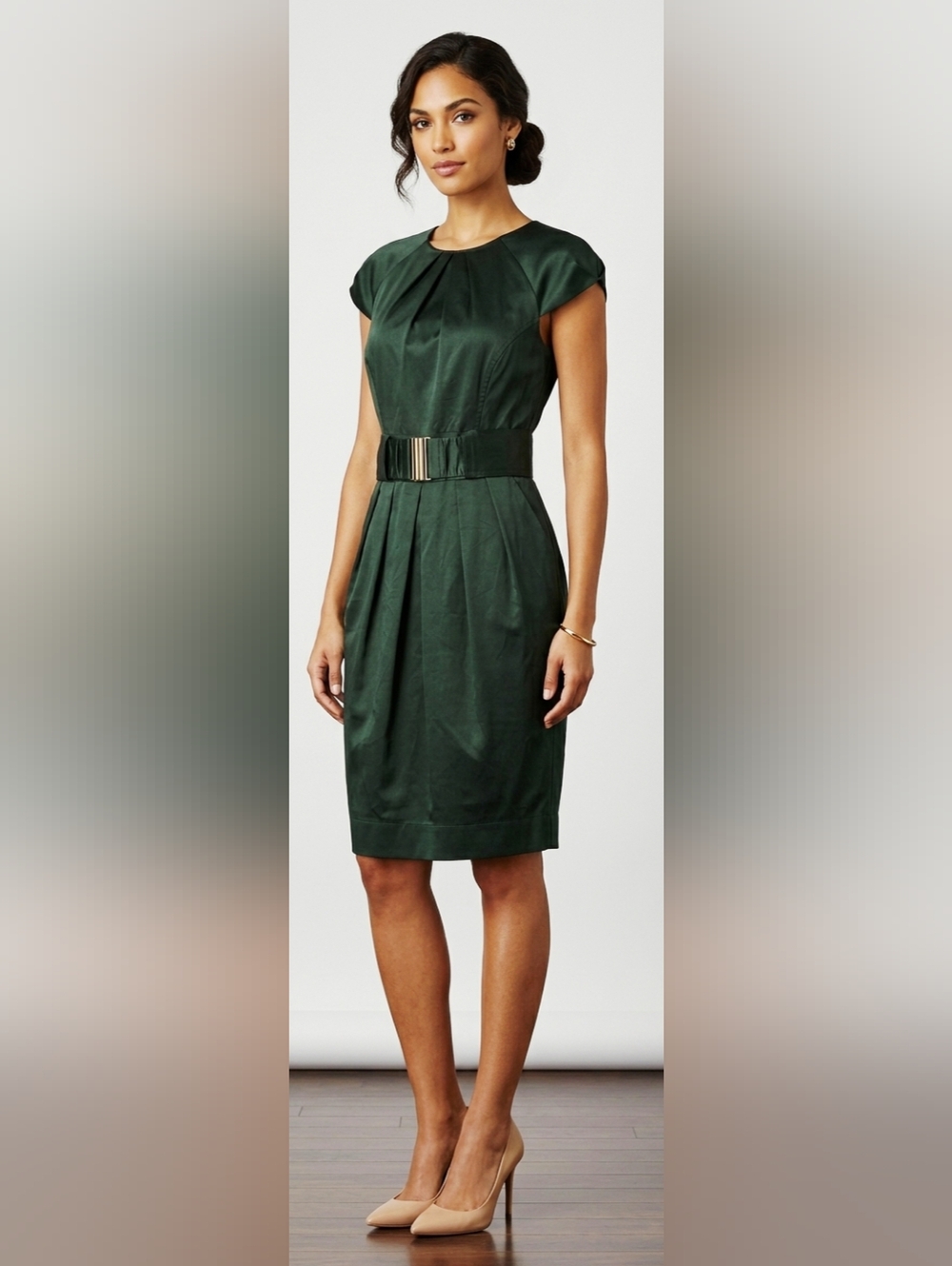 Shoshanna Green Sheath Dress Belted Pleated Career Holiday Chic Elegant Jade